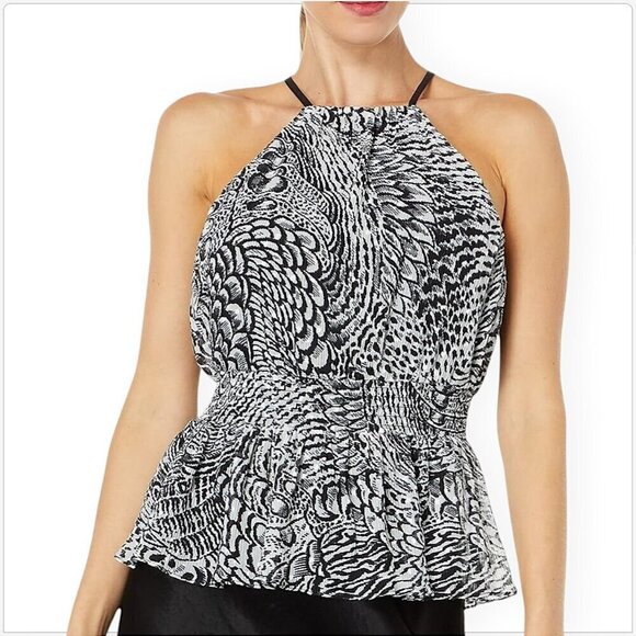 BCBGMaxAzria BCBG Black White Combo Pleated Peplum Smocked Waist Top NWT NEW S - Picture 1 of 5